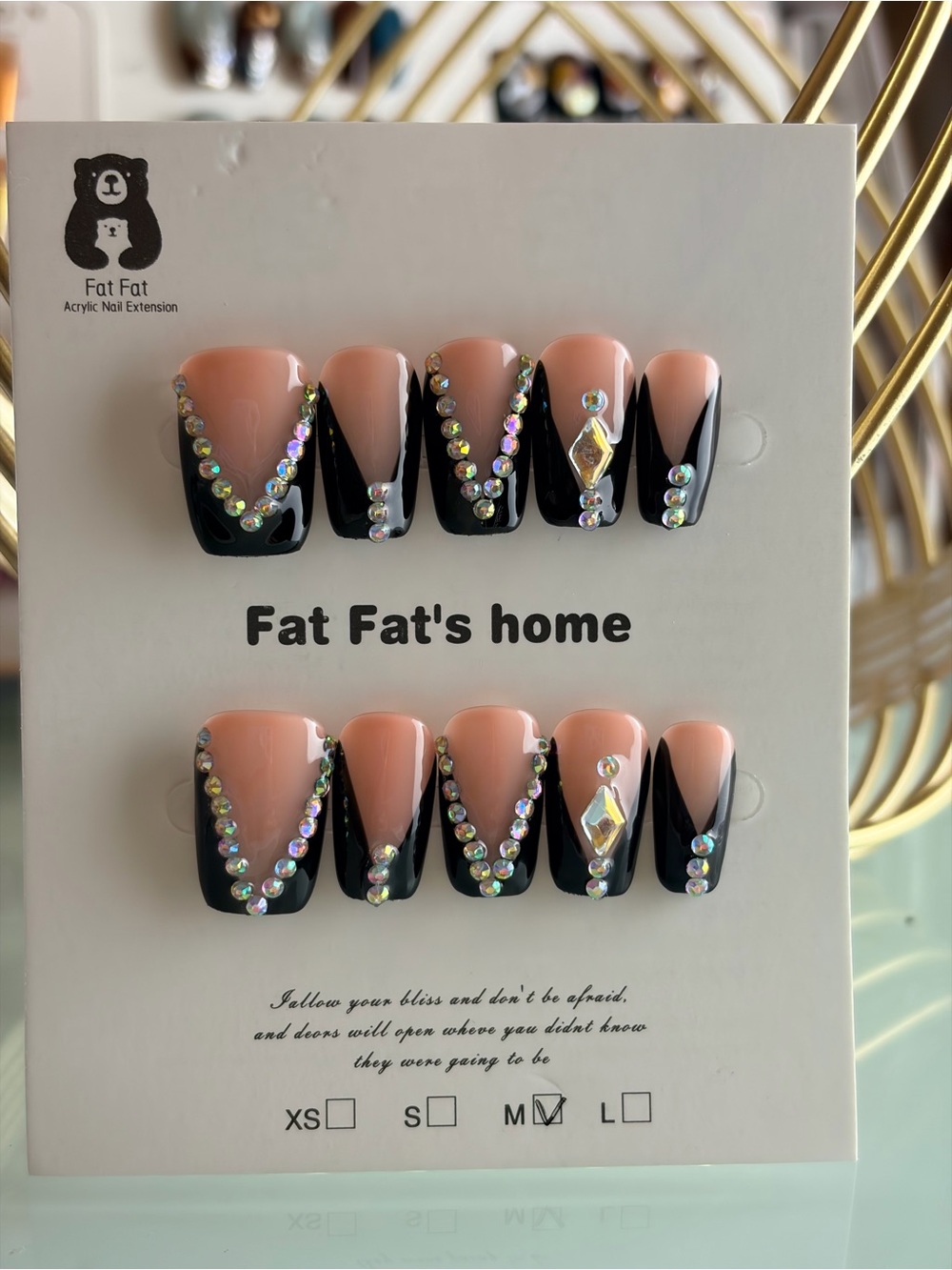 Nude and Black V-Shaped Rhinestone Press-On Nail Set Medium